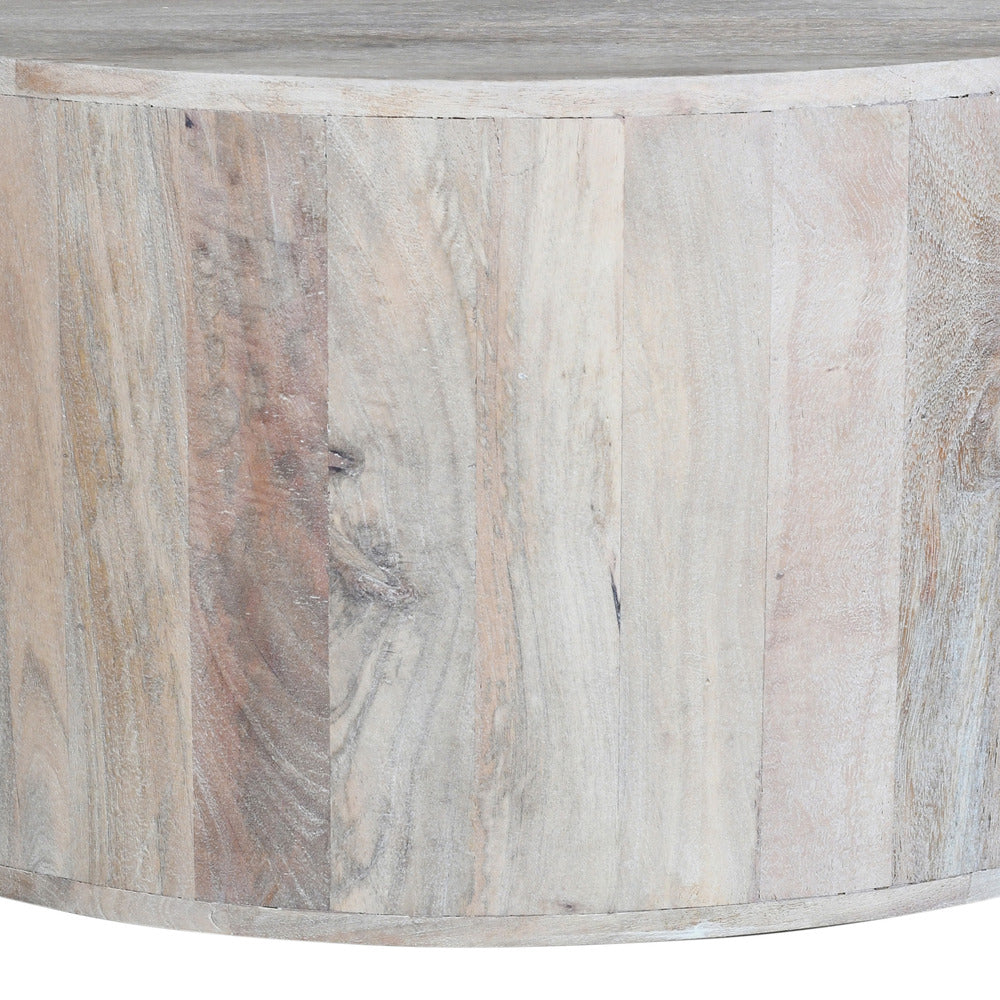 36 Inch Coffee Table Handcrafted Drum Shape Sandblasted Washed White Mango Wood By The Urban Port UPT-296150