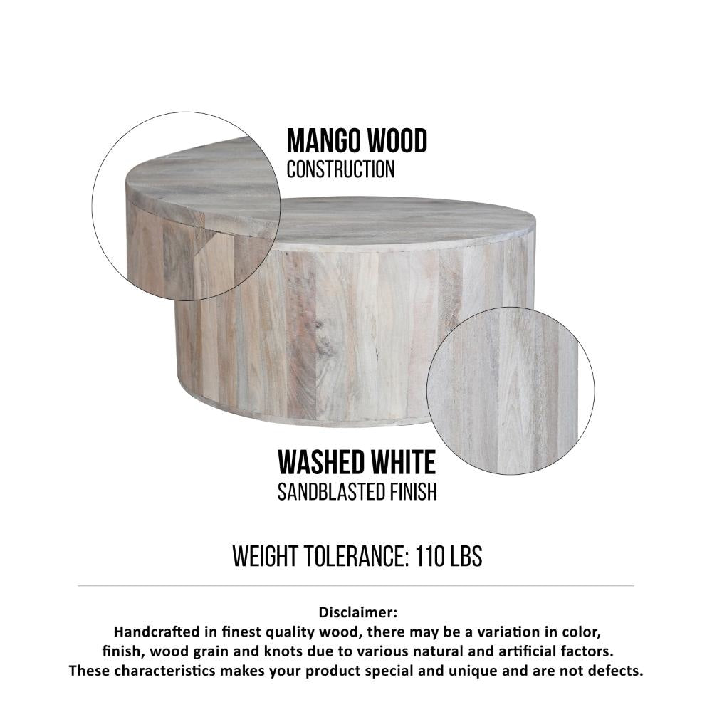 36 Inch Coffee Table Handcrafted Drum Shape Sandblasted Washed White Mango Wood The Urban Port UPT-296150
