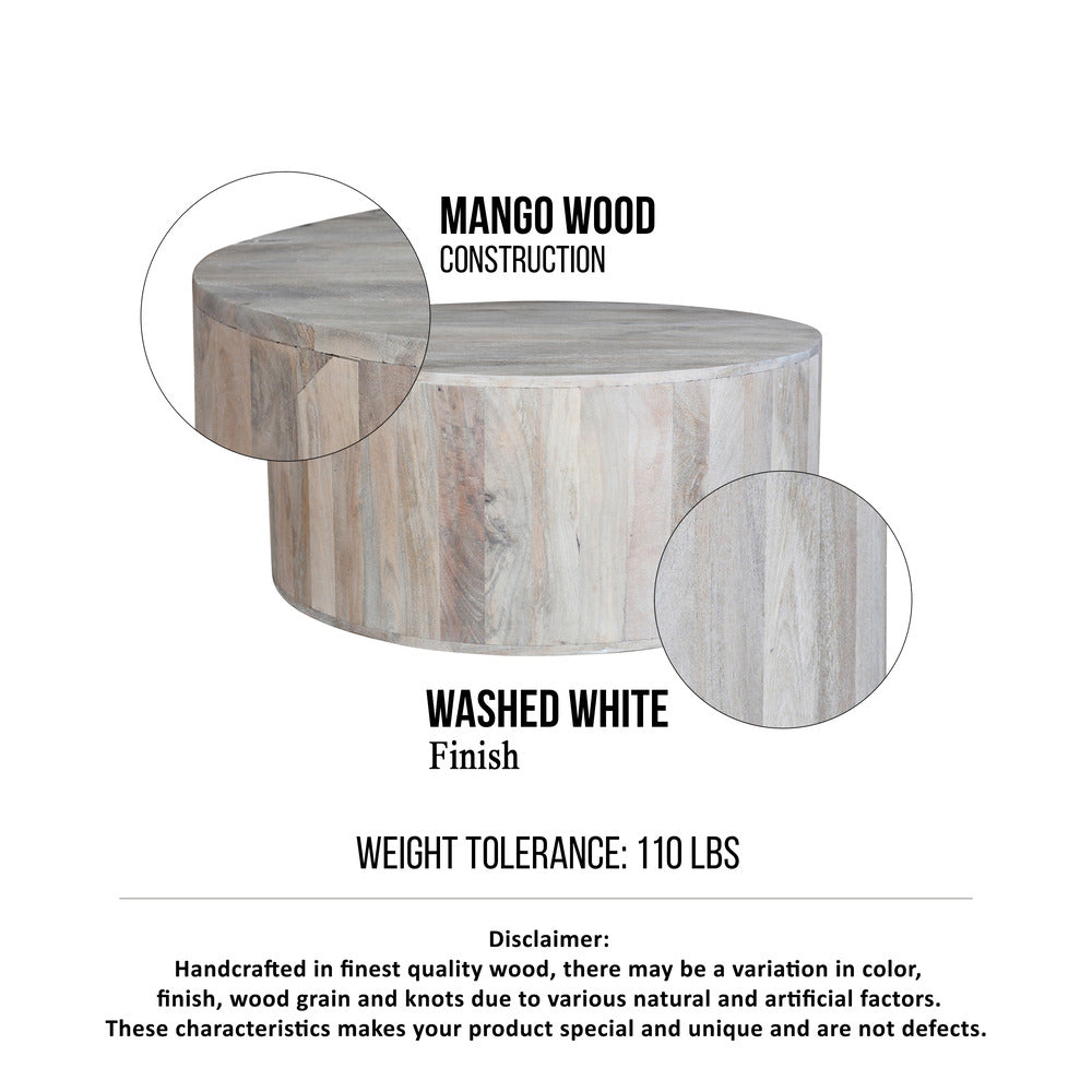 36 Inch Coffee Table Handcrafted Drum Shape Sandblasted Washed White Mango Wood By The Urban Port UPT-296150