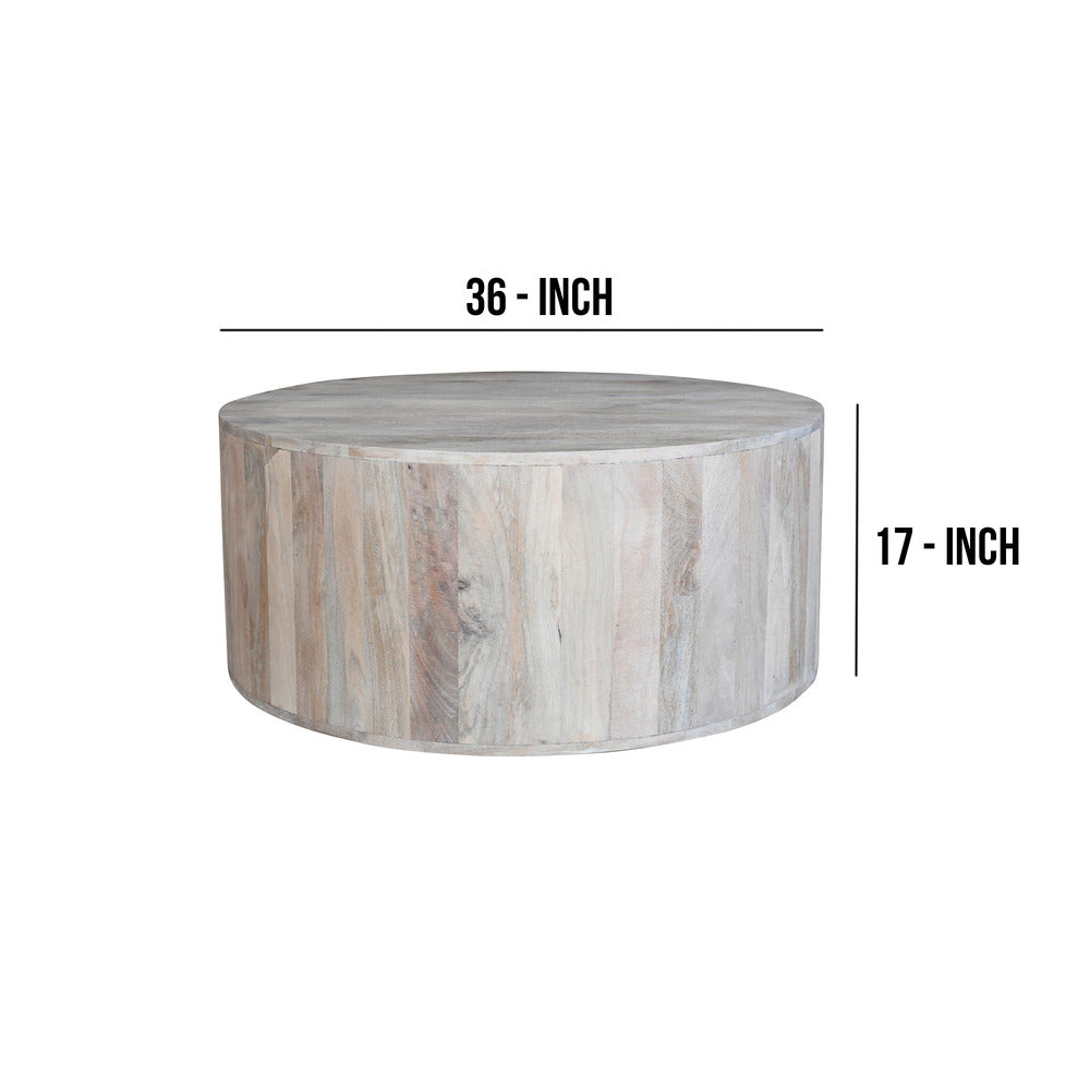 36 Inch Coffee Table Handcrafted Drum Shape Sandblasted Washed White Mango Wood By The Urban Port UPT-296150
