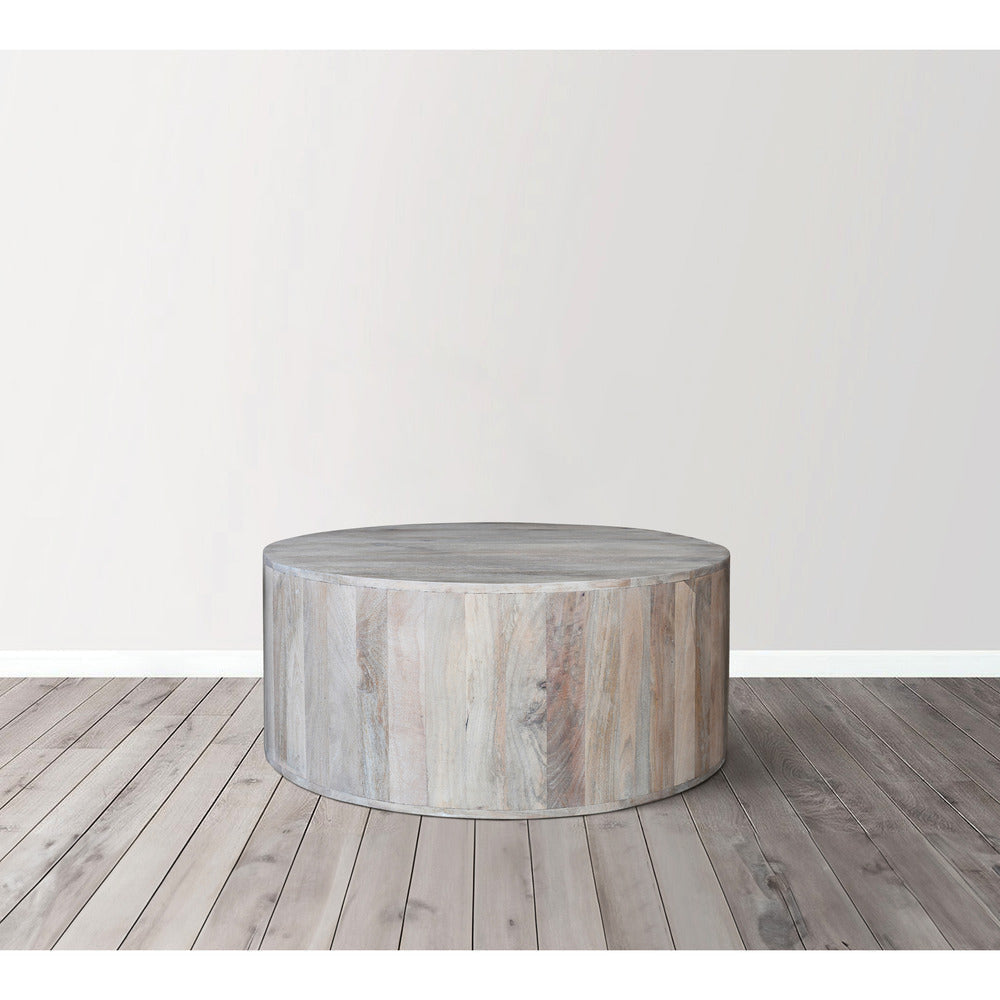 36 Inch Coffee Table Handcrafted Drum Shape Sandblasted Washed White Mango Wood By The Urban Port UPT-296150