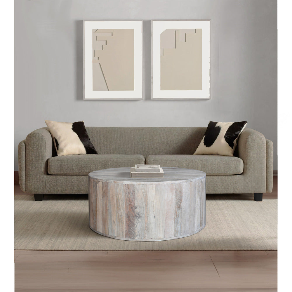 36 Inch Coffee Table, Handcrafted Drum Shape, Washed White Mango Wood By The Urban Port