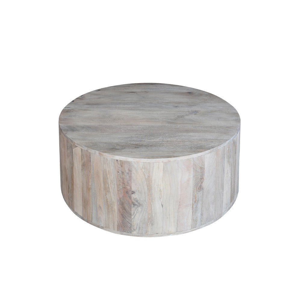 36 Inch Coffee Table Handcrafted Drum Shape Sandblasted Washed White Mango Wood By The Urban Port UPT-296150