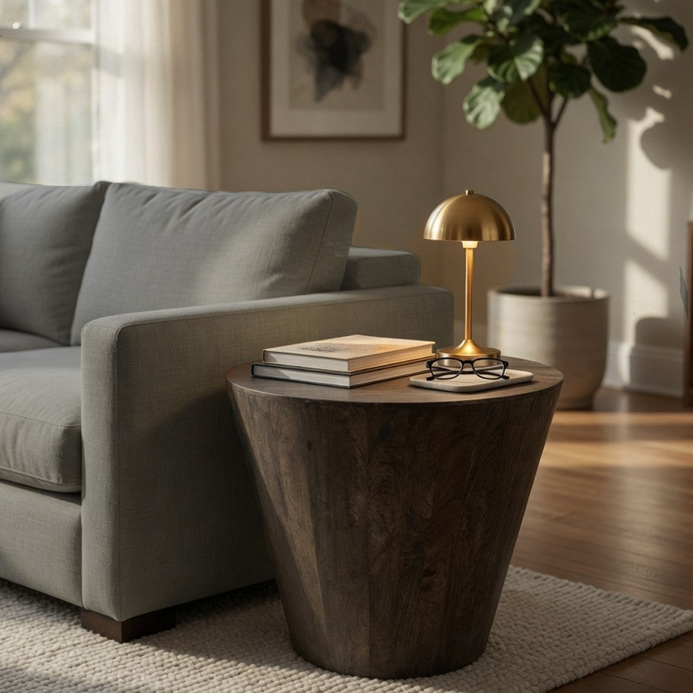 24 Inch Side End Table, Round Drum Shape, Handcrafted Distressed Gray Mango Wood The Urban Port