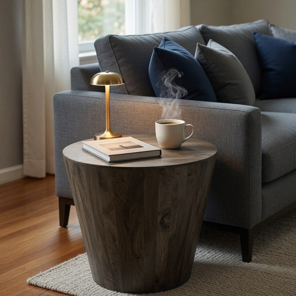 24 Inch Side End Table, Round Drum Shape, Handcrafted Distressed Gray Mango Wood The Urban Port