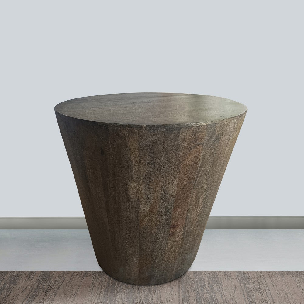 24 Inch Side End Table, Round Drum Shape, Handcrafted Distressed Gray Mango Wood The Urban Port