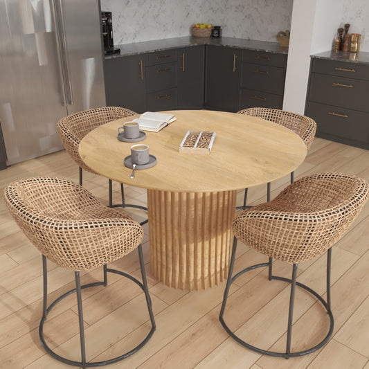 Sejo Dining Table 45 Inch Round Top with Fluted Padestal Base Natural Brown Mango Wood By The Urban Port UPT-296156