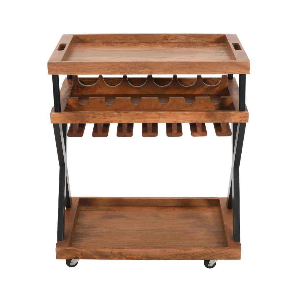 30 Inch Rolling Wine Bar Cart, 2 Tray Tops, Stemware Rack, Bottle Holder, Natural Brown Mango Wood  The Urban Port