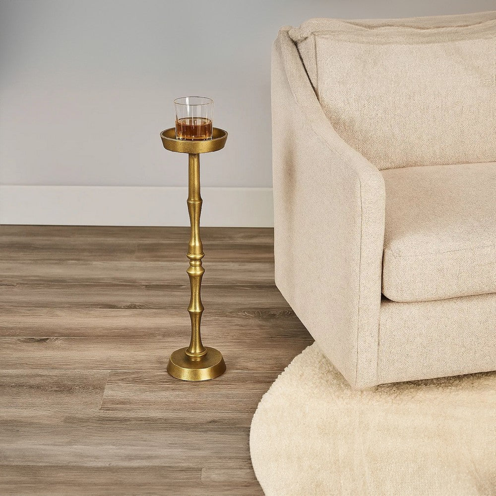 26 Inch Side End Drink Table, Turned Pedestal Metal Base, Round Top, Oxidized Brass By The Urban Port