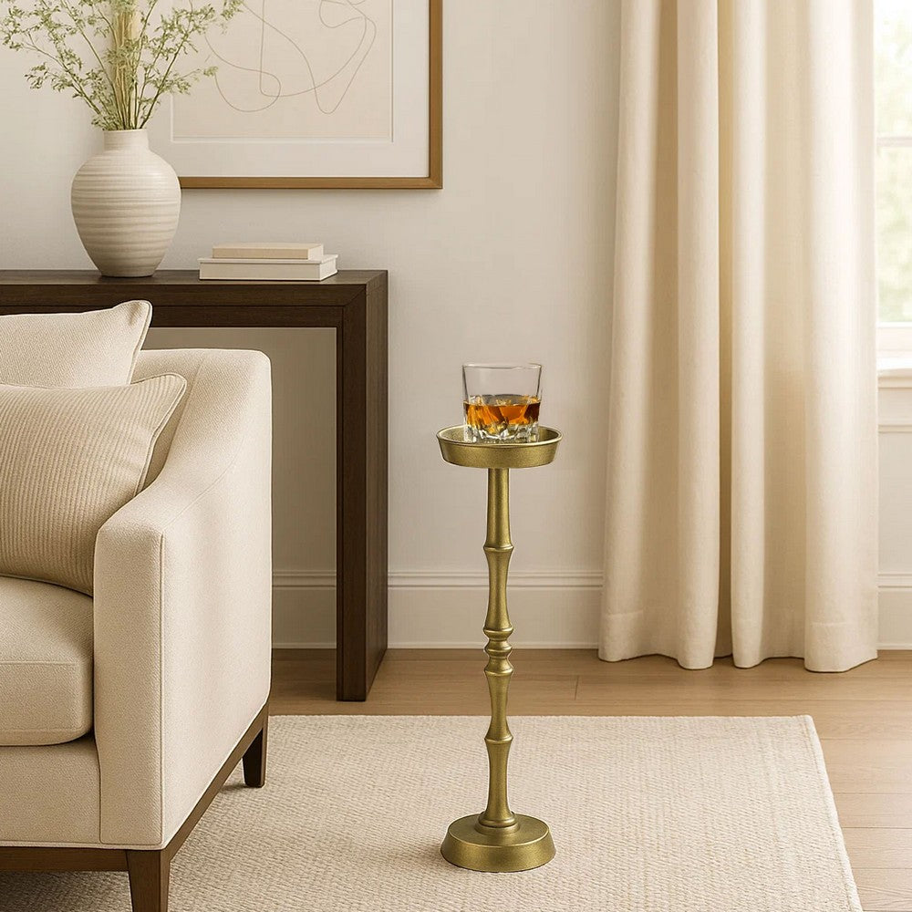 26 Inch Side End Drink Table, Turned Pedestal Metal Base, Round Top, Oxidized Brass By The Urban Port