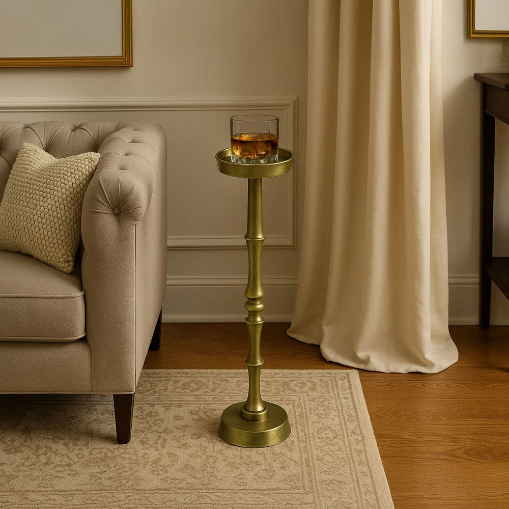 26 Inch Side End Drink Table, Turned Pedestal Metal Base, Round Top, Oxidized Brass By The Urban Port