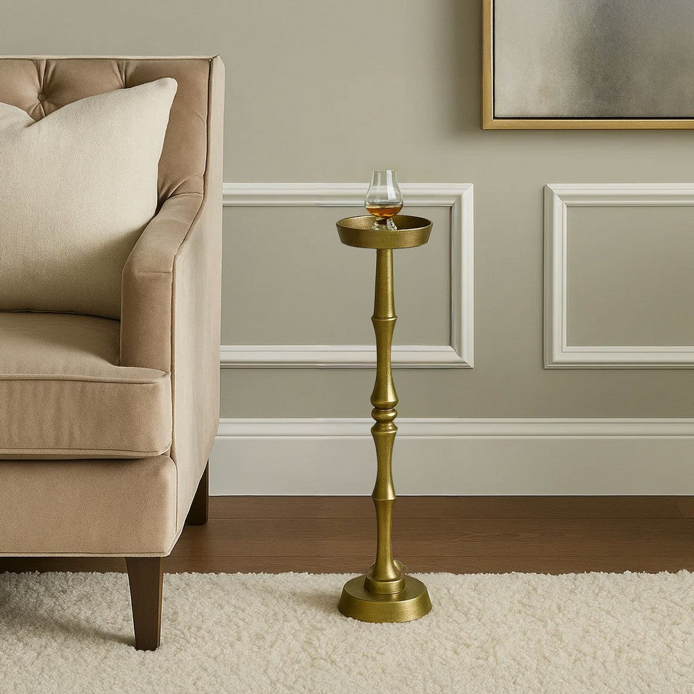 26 Inch Side End Drink Table, Turned Pedestal Metal Base, Round Top, Oxidized Brass By The Urban Port