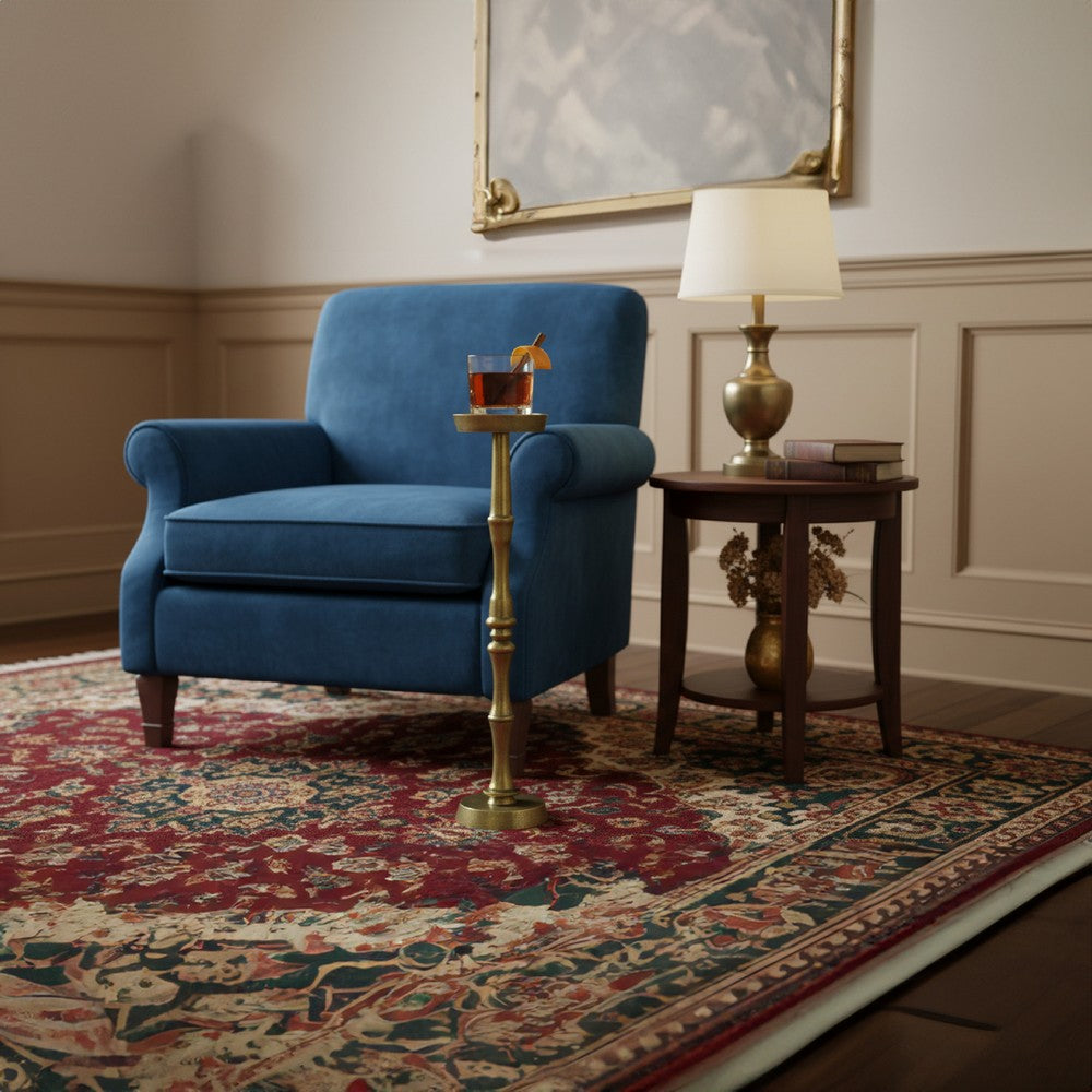 26 Inch Side End Drink Table, Turned Pedestal Metal Base, Round Top, Oxidized Brass By The Urban Port