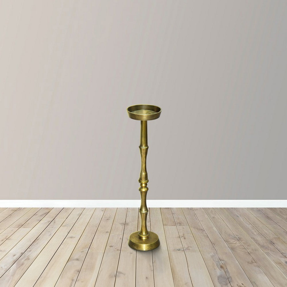 26 Inch Side End Drink Table, Turned Pedestal Metal Base, Round Top, Oxidized Brass By The Urban Port