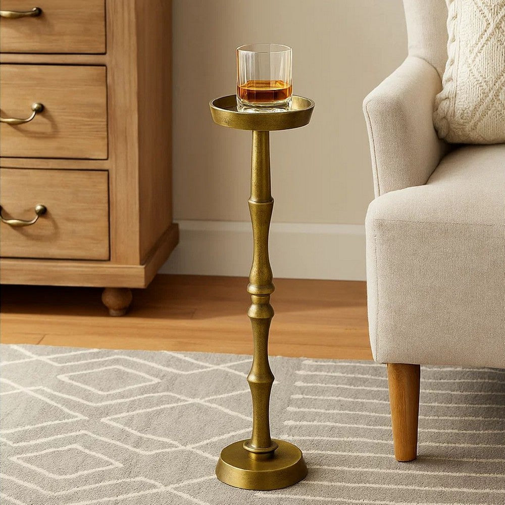 26 Inch Side End Drink Table, Turned Pedestal Metal Base, Round Top, Oxidized Brass By The Urban Port