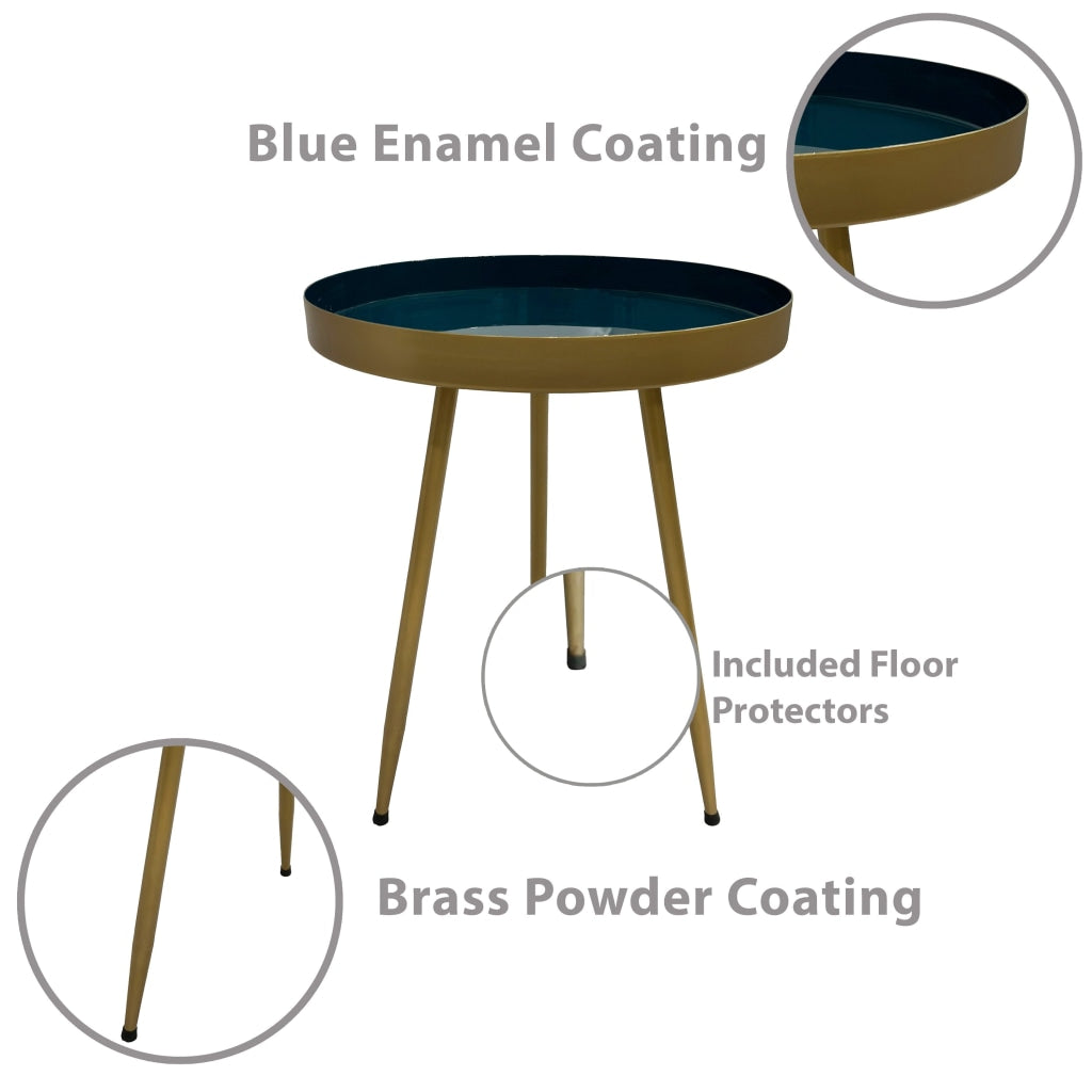 Enid 19 Inch Side End Table Iron Brass Plating Enamel Blue Top Modern Sleek Angled Legs The Urban Port UPT-297053