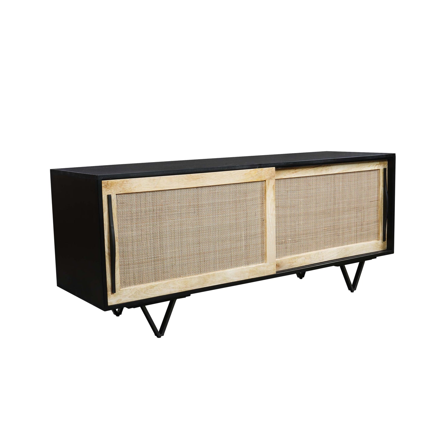 Handcrafted 60-Inch TV Media Console with Rattan Sliding Doors - Natural Brown And Matte Black Finish By The Urban Port