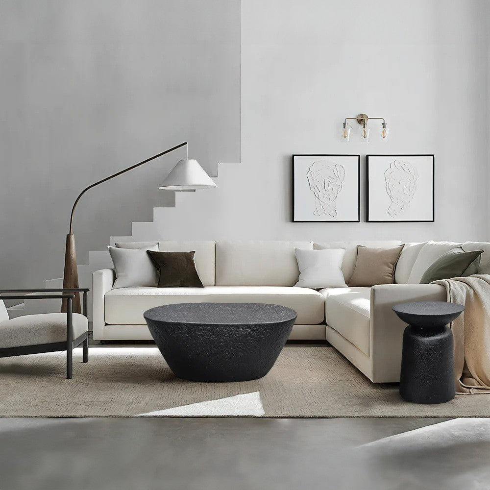 Josi 36 Inch Oval Drum Coffee Table, Hammered Design, Matte Black Metal By The Urban Port