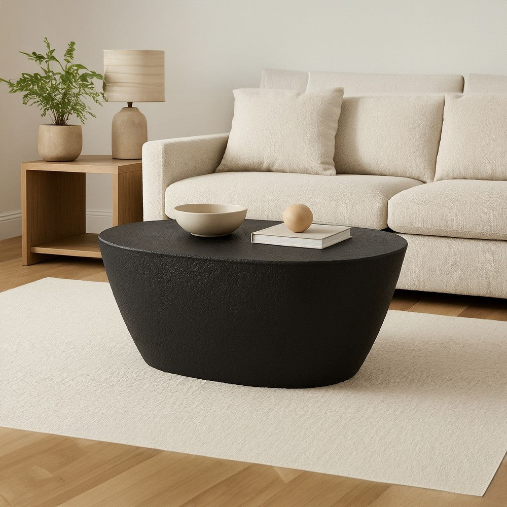 Josi 36 Inch Oval Drum Coffee Table, Hammered Design, Matte Black Metal By The Urban Port