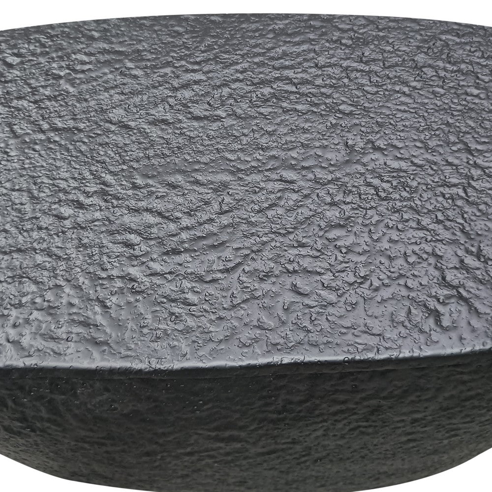 Josi 36 Inch Oval Drum Coffee Table, Hammered Design, Matte Black Metal By The Urban Port