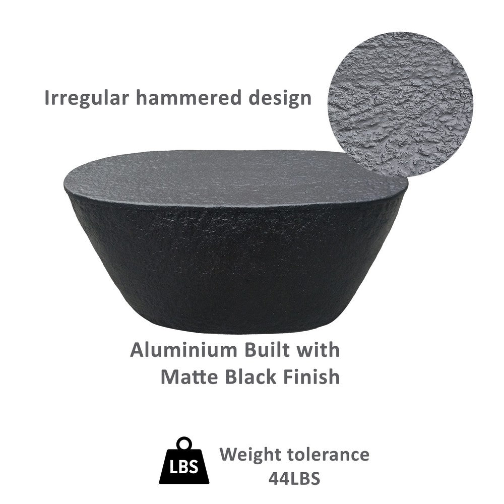 Josi 36 Inch Oval Drum Coffee Table, Hammered Design, Matte Black Metal By The Urban Port