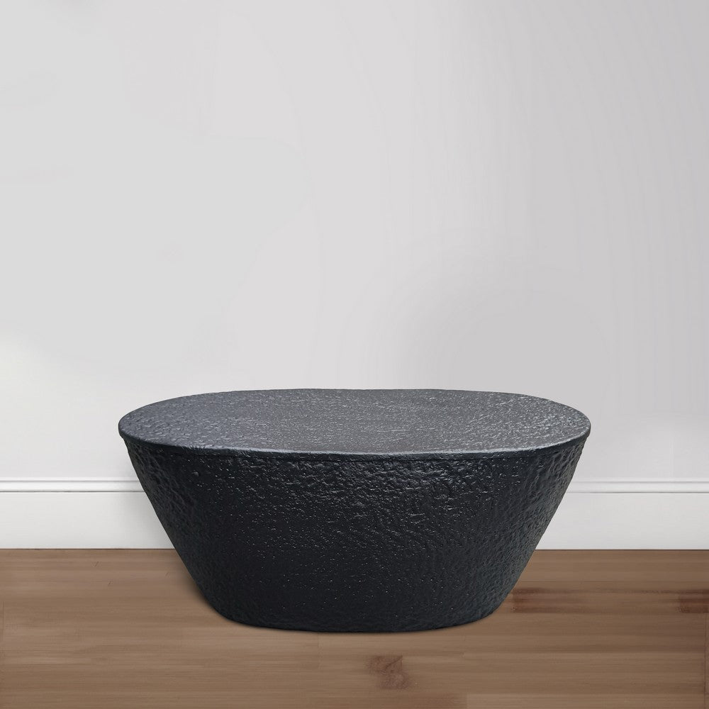 Josi 36 Inch Oval Drum Coffee Table, Hammered Design, Matte Black Metal By The Urban Port
