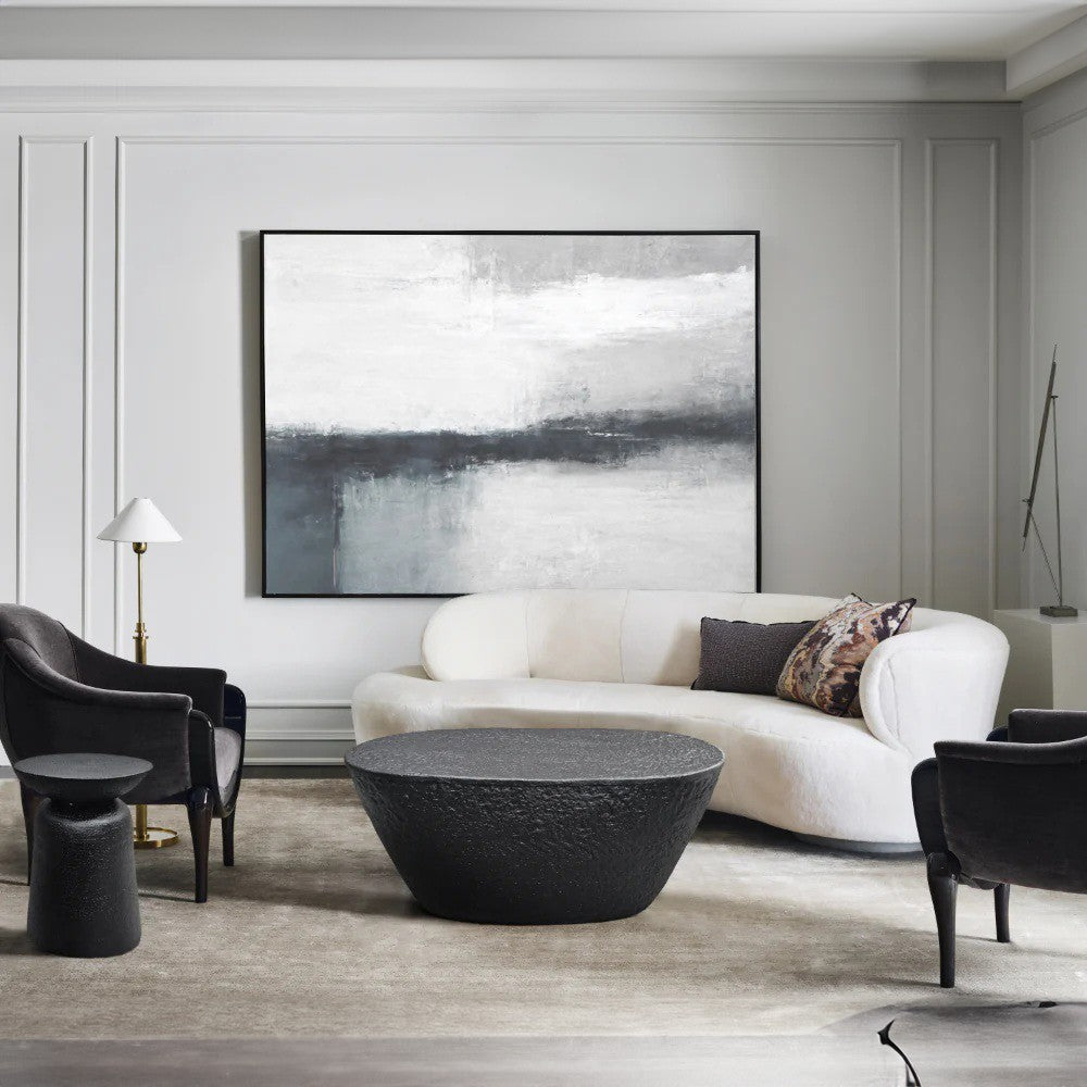 Josi 36 Inch Oval Drum Coffee Table, Hammered Design, Matte Black Metal By The Urban Port