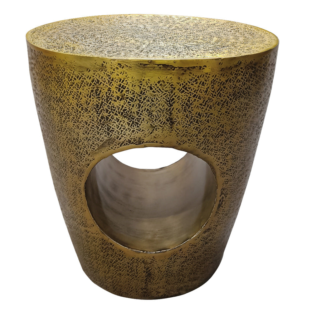 Nala 17 Inch Side End Table, Tapered Drum Shape with Unique Hollow Center, Antique Brass Aluminum By The Urban Port