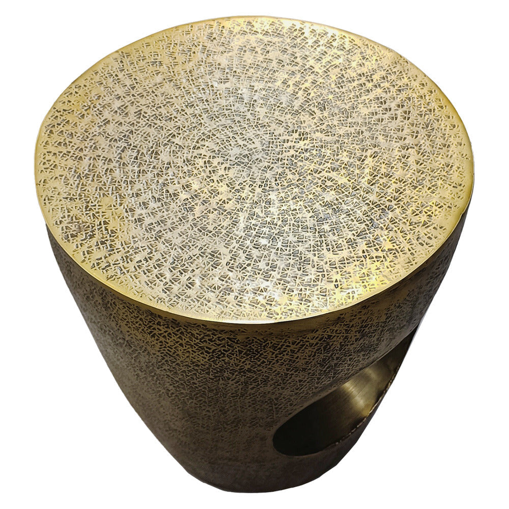 Nala 17 Inch Side End Table Tapered Drum Shape with Unique Hollow Center Antique Brass Aluminum By The Urban Port UPT-298833