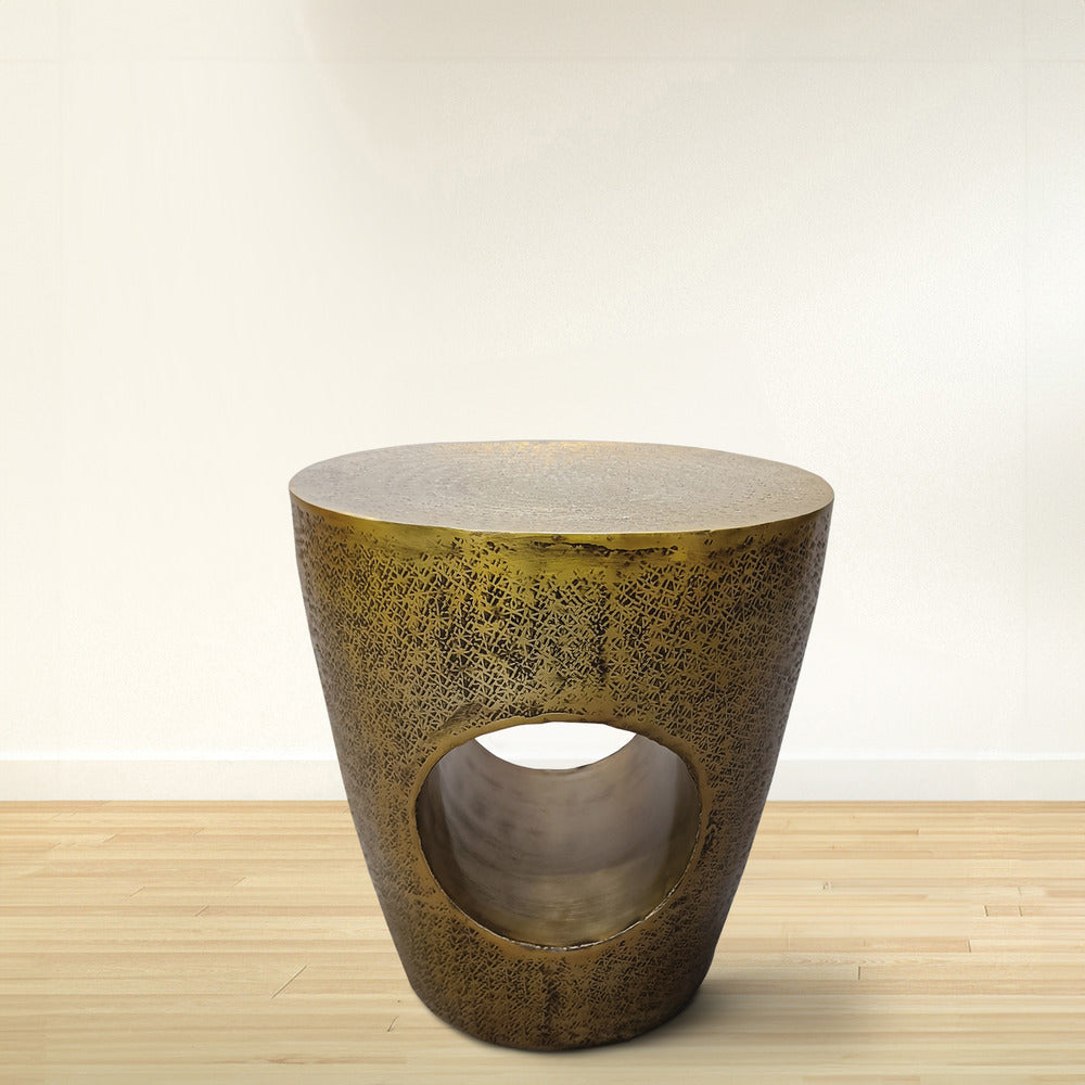 Nala 17 Inch Side End Table, Tapered Drum Shape with Unique Hollow Center, Antique Brass Aluminum By The Urban Port