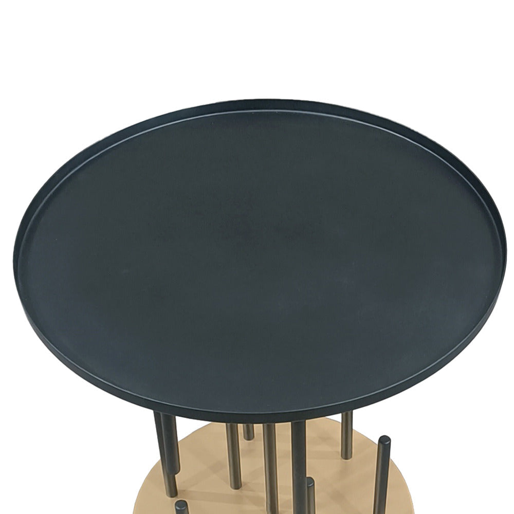 Neci 20 Inch Side End Table, Round Matte Black Tray Top, Modern Rod Supports with Brass Base By The Urban Port