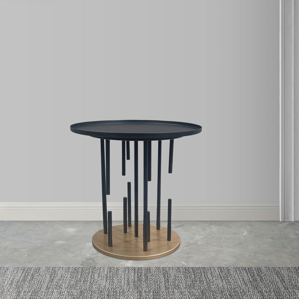 Neci 20 Inch Side End Table, Round Matte Black Tray Top, Modern Rod Supports with Brass Base By The Urban Port