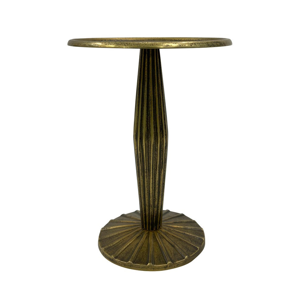 17 Inch Side End Drink Table, Fancy Fluted Base, Round Top, Antique Brass By The Urban Port