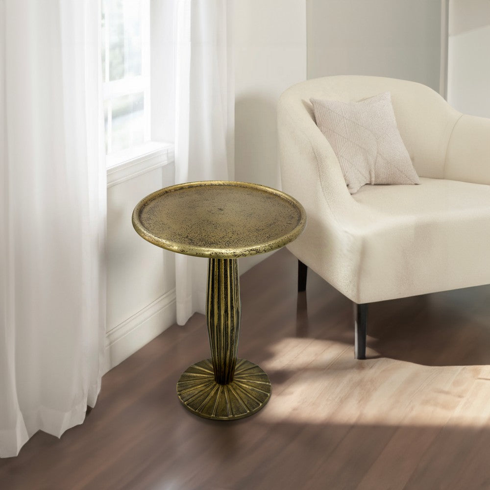 17 Inch Side End Drink Table, Fancy Fluted Base, Round Top, Antique Brass By The Urban Port