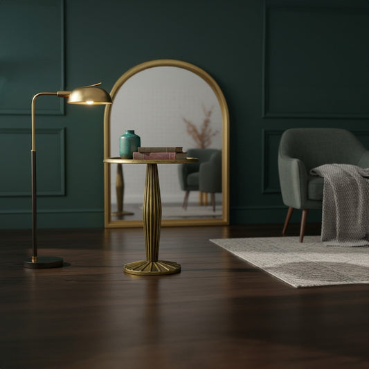 17 Inch Side End Drink Table, Fancy Fluted Base, Round Top, Antique Brass By The Urban Port