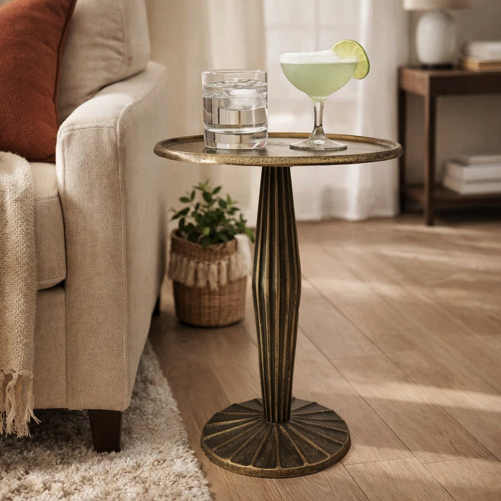 17 Inch Side End Drink Table, Fancy Fluted Base, Round Top, Antique Brass By The Urban Port