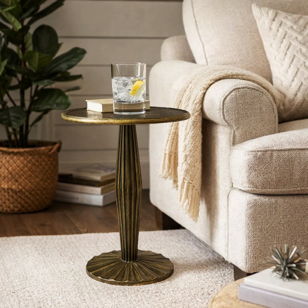 17 Inch Side End Drink Table, Fancy Fluted Base, Round Top, Antique Brass By The Urban Port
