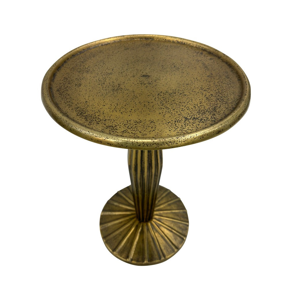 17 Inch Side End Drink Table, Fancy Fluted Base, Round Top, Antique Brass By The Urban Port