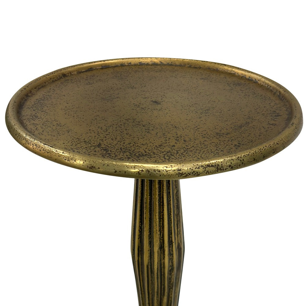 17 Inch Side End Drink Table, Fancy Fluted Base, Round Top, Antique Brass By The Urban Port