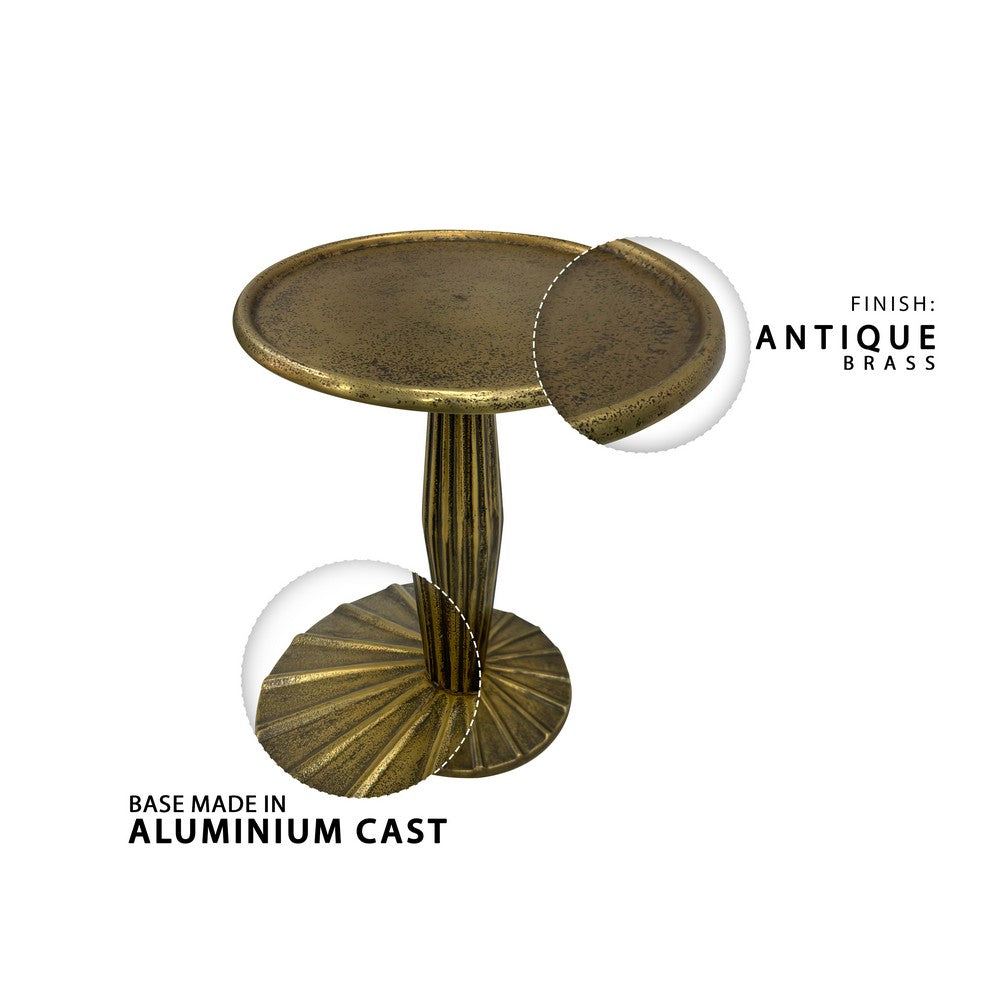 17 Inch Side End Drink Table, Fancy Fluted Base, Round Top, Antique Brass By The Urban Port