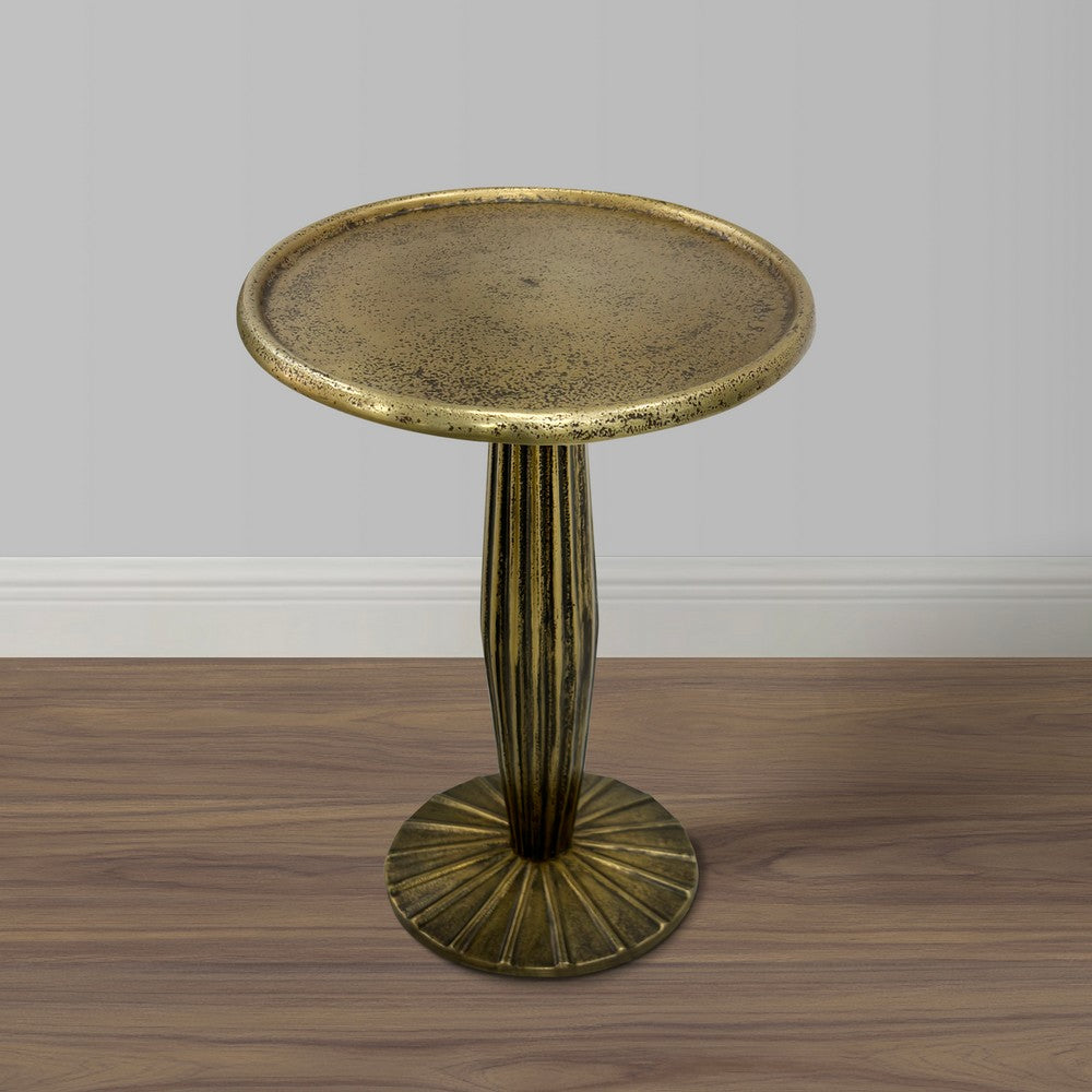 17 Inch Side End Drink Table, Fancy Fluted Base, Round Top, Antique Brass By The Urban Port