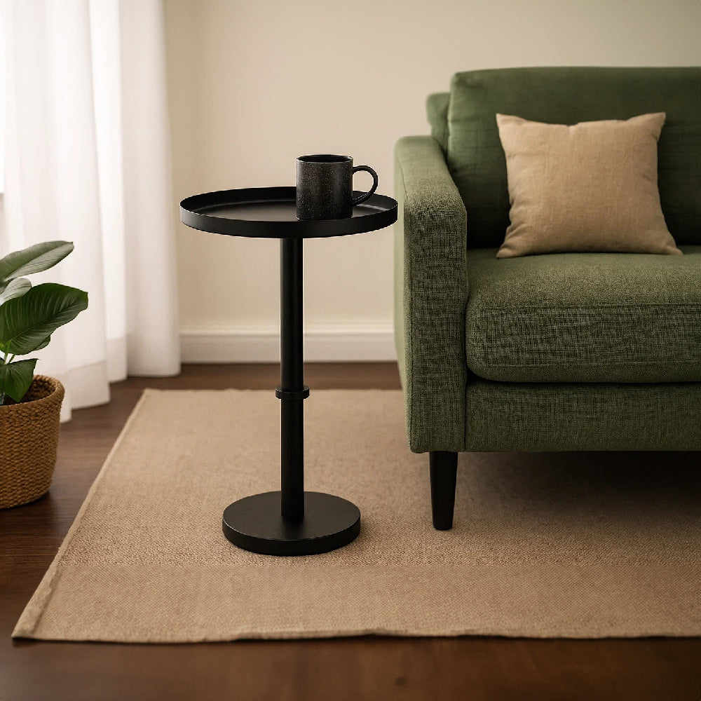 Ara 22 Inch Side End Table, Vintage Sleek Pillar Base, Round Tray Top, Matte Black By The Urban Port