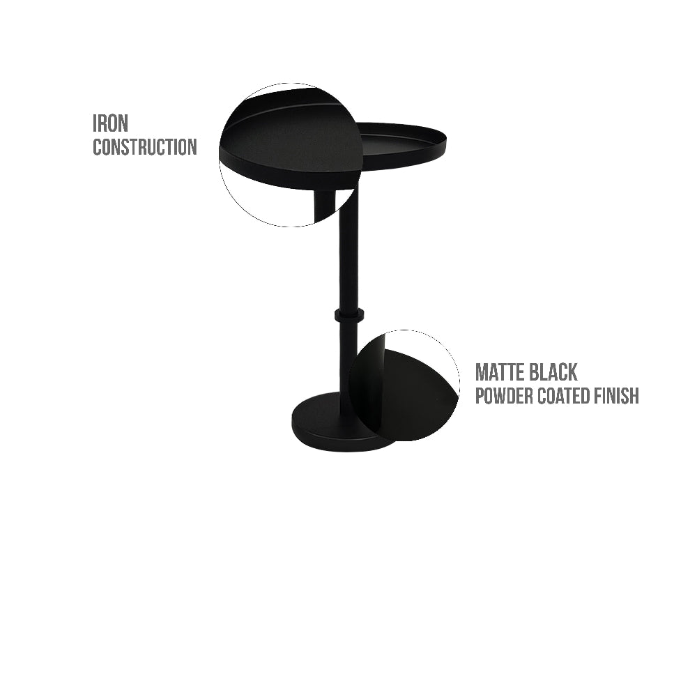 Ara 22 Inch Side End Table, Vintage Sleek Pillar Base, Round Tray Top, Matte Black By The Urban Port