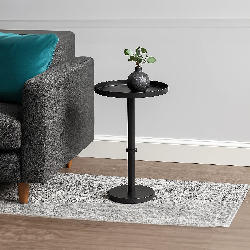Ara 22 Inch Side End Table, Vintage Sleek Pillar Base, Round Tray Top, Matte Black By The Urban Port