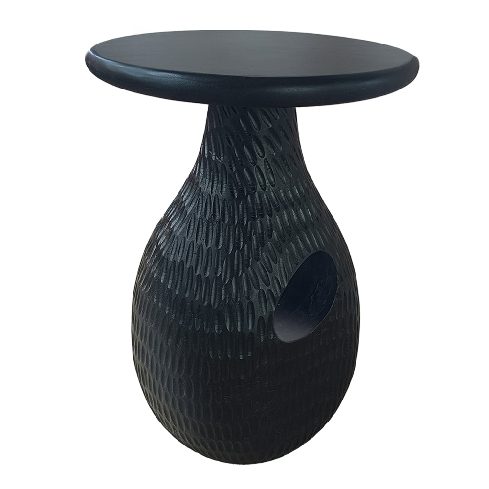 14 Inch Side End Table, Artisan Handcrafted Mango Wood, Embossed Teardrop Shaped Base, Black The Urban Port
