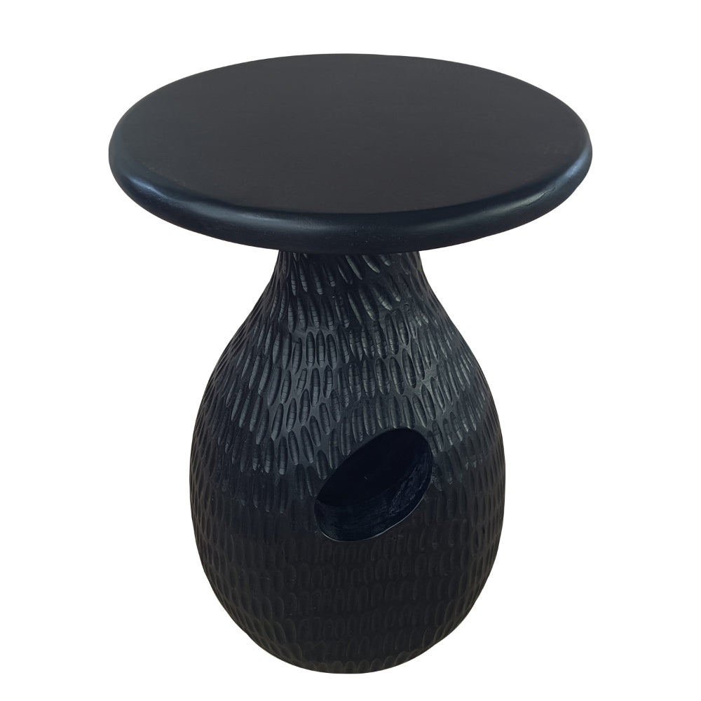 14 Inch Side End Table, Artisan Handcrafted Mango Wood, Embossed Teardrop Shaped Base, Black The Urban Port