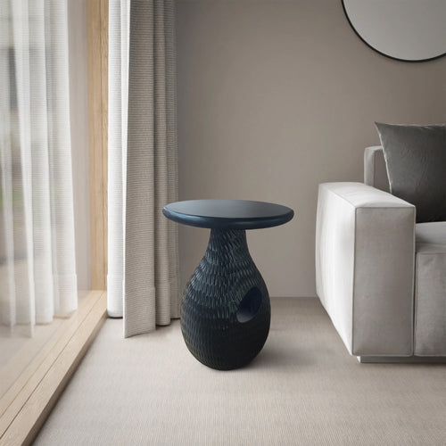 14 Inch Side End Table, Artisan Handcrafted Mango Wood, Embossed Teardrop Shaped Base, Black The Urban Port