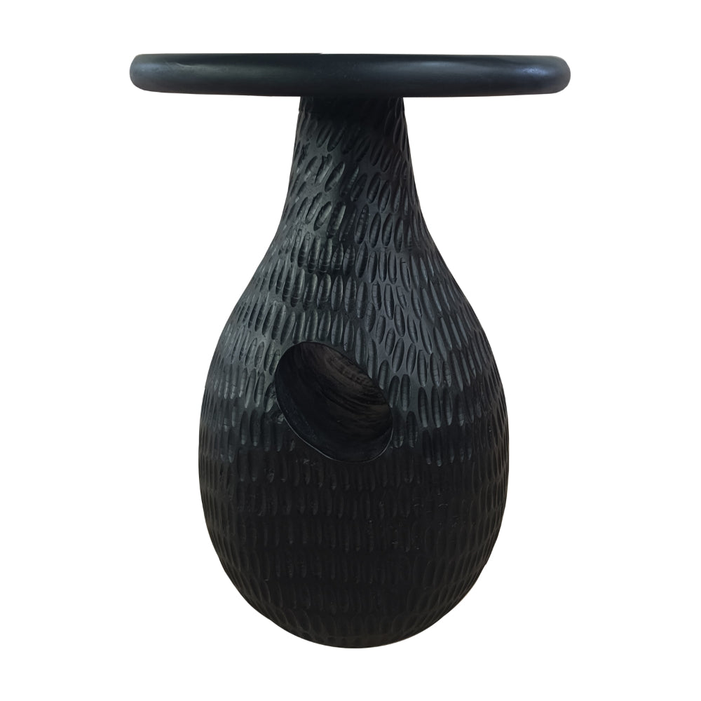 14 Inch Side End Table, Artisan Handcrafted Mango Wood, Embossed Teardrop Shaped Base, Black The Urban Port