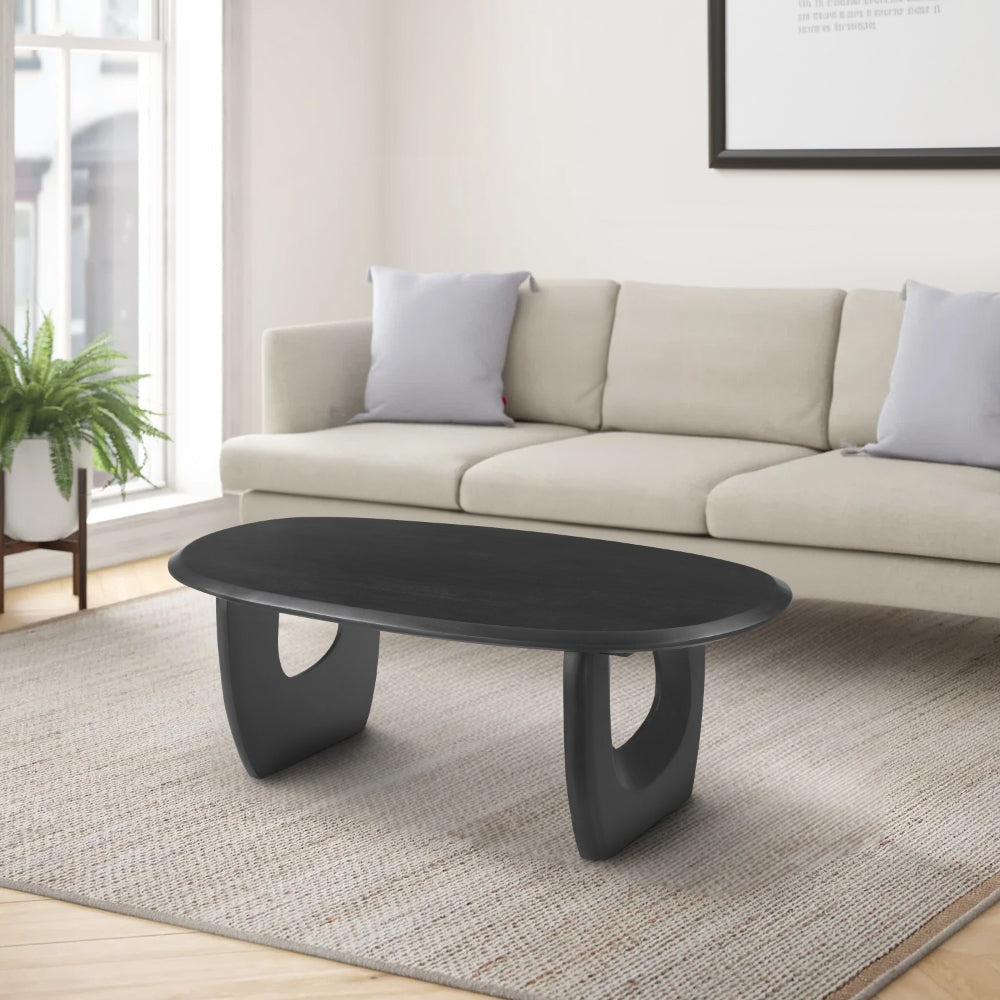 43 Inch Coffee Table Handcrafted Acacia Wood Cut Out Rounded Panel Legs Black The Urban Port UPT-299122