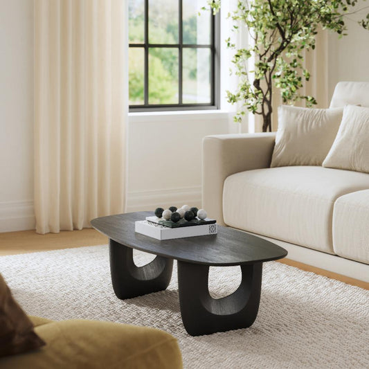 43 Inch Coffee Table, Handcrafted Acacia Wood, Cut Out Rounded Panel Legs, Black The Urban Port